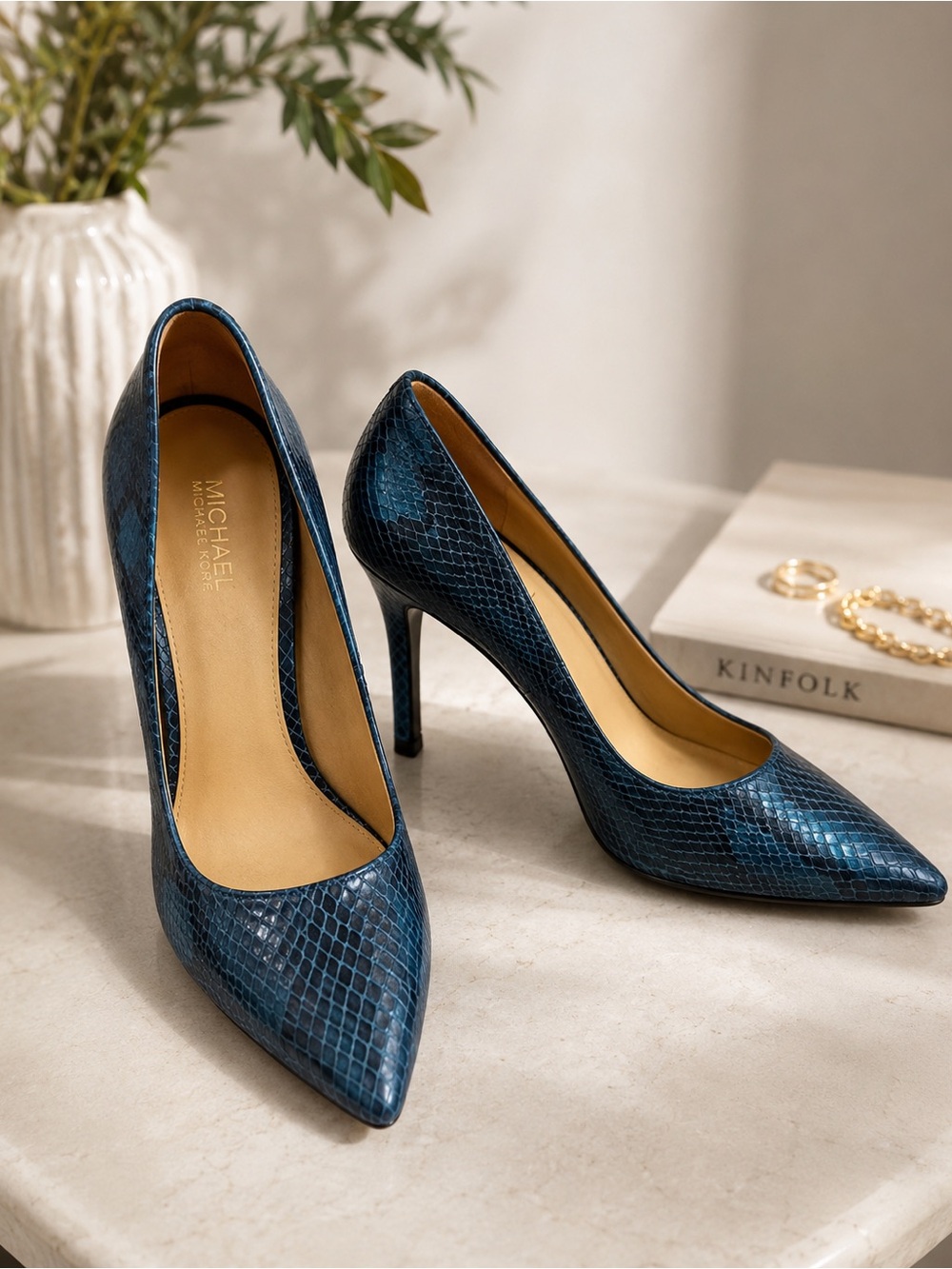 Michael Kors blue snakeskin heels- like new!
